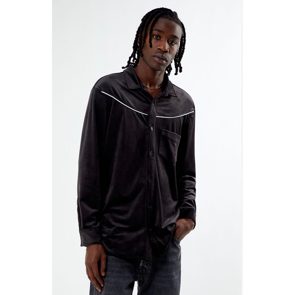 PacSun Mens Black Velour Western Shirt‎ White Piping Long Sleeve Button Down XL